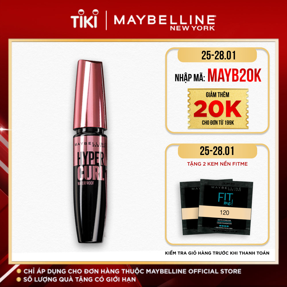 Mascara Dài Mi và Cong Mi Maybelline New York Hyper Curl Waterproof Chuốt Mi Đen Không Lem Không Trôi 9.2ml