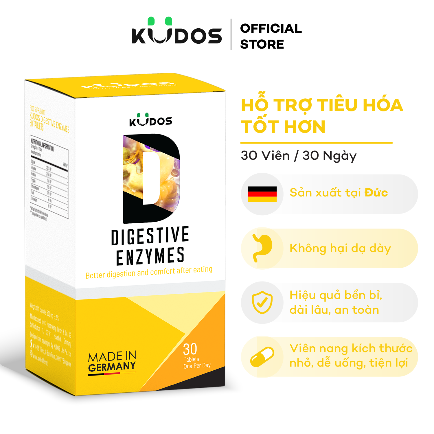 Viên Uống KUDOS DIGESTIVE ENZYMES hỗ trợ tiêu hóa (30 viên/hộp)