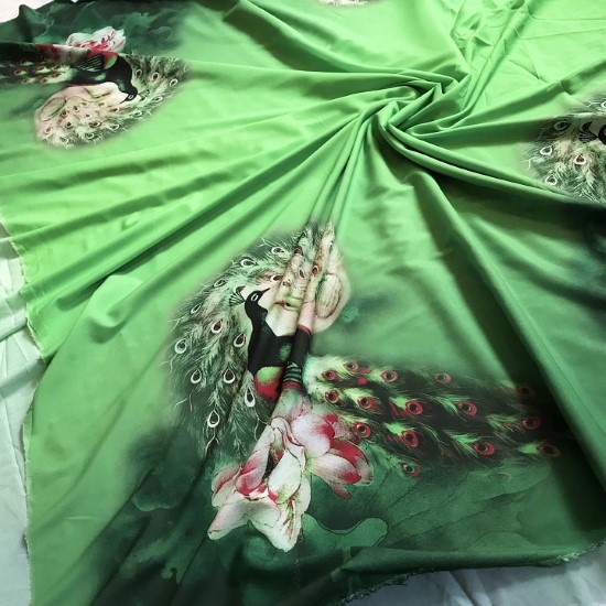 Vải Lụa Nhật Hình Chim Công Xanh, Khổ 1m5 - Co Giãn Nhẹ 4 Chiều - May Áo Dài, Áo Đầm
