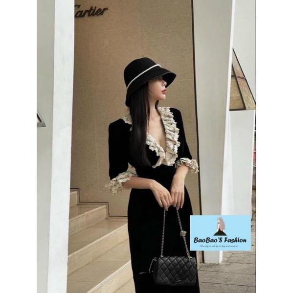 Đầm nhung cách điệu cổ V phối ren