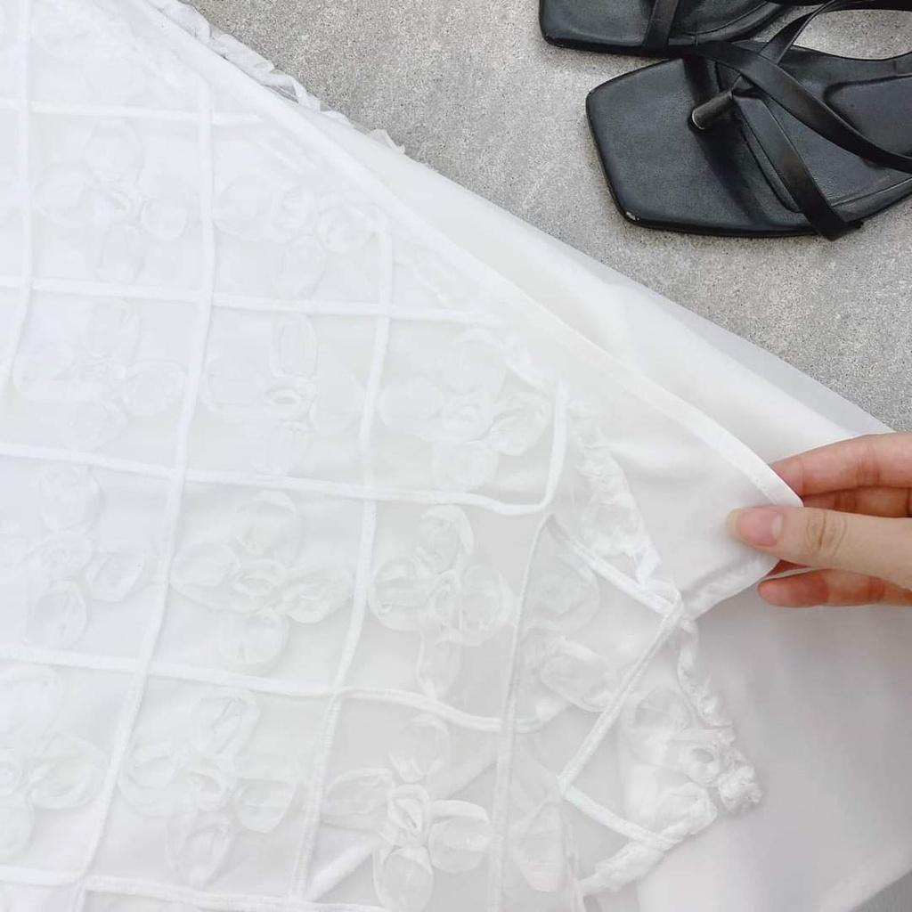 Set bộ áo dài trắng ren hoa rớt vai tay voan tiên chân váy voan đi chùa chơi tết