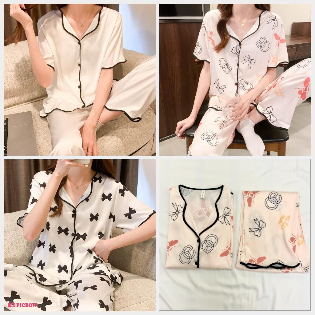 Pijama- Đồ Bộ Ngủ Áo Ngắn Quần Dài Vải Lụa Viền Đen Họa Tiết CDLP04