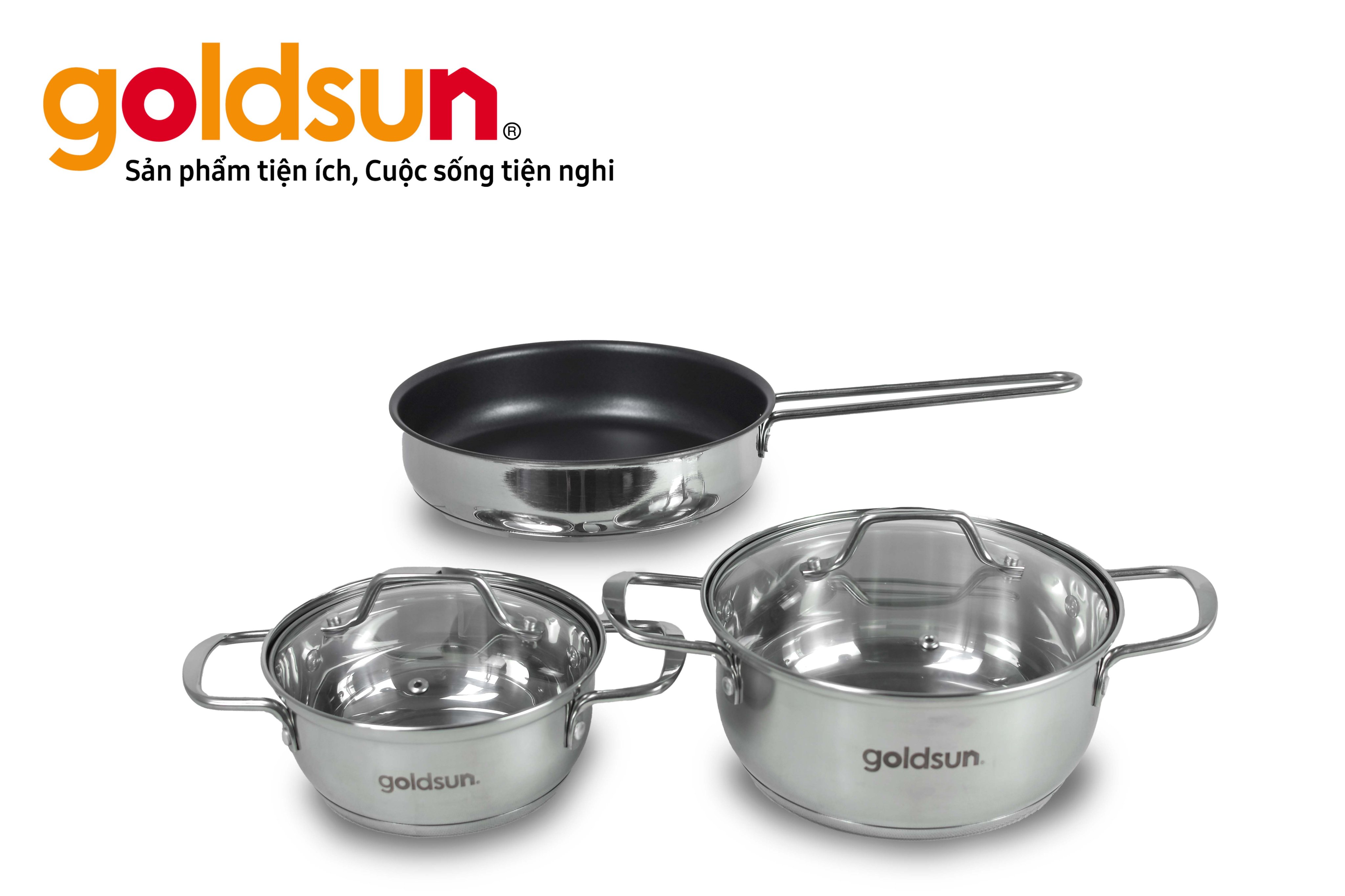 Bộ Nồi Chảo Inox 3 Đáy Goldsun GPS1790 Gồm 2 Nồi 1 Chảo Vung Kính Cường Lực Dùng Cho Mọi Loại Bếp - Hàng chính hãng Goldsun