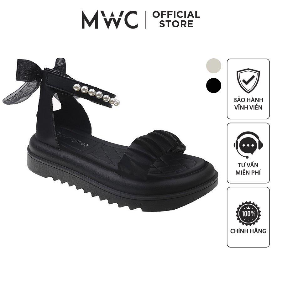 Sandal Nữ MWC 2936 - Sandal Đế Bánh Mì Hack Dáng, Giày Sandal Quai Ngang Nhún Tiểu Thư Phối Hạt Sang Chảnh