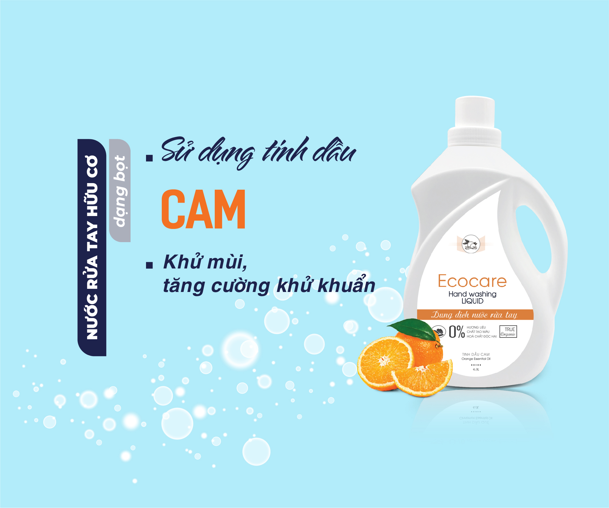 Nước rửa tay hữu cơ diệt khuẩn dạng bọt hương Cam 4000ml thương hiệu Ecocare ( tặng kèm vỏ tạo bọt)