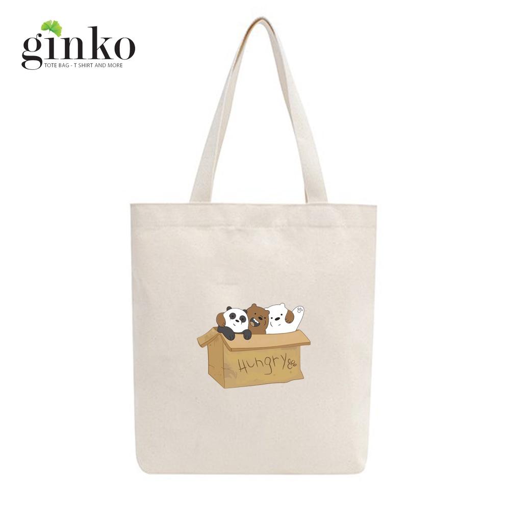 Túi tote vải mộc GINKO kiểu basic có dây kéo khóa miệng túi đựng vừa laptop 14 inch và nhiều đồ dùng khác in hình We Bare Bears