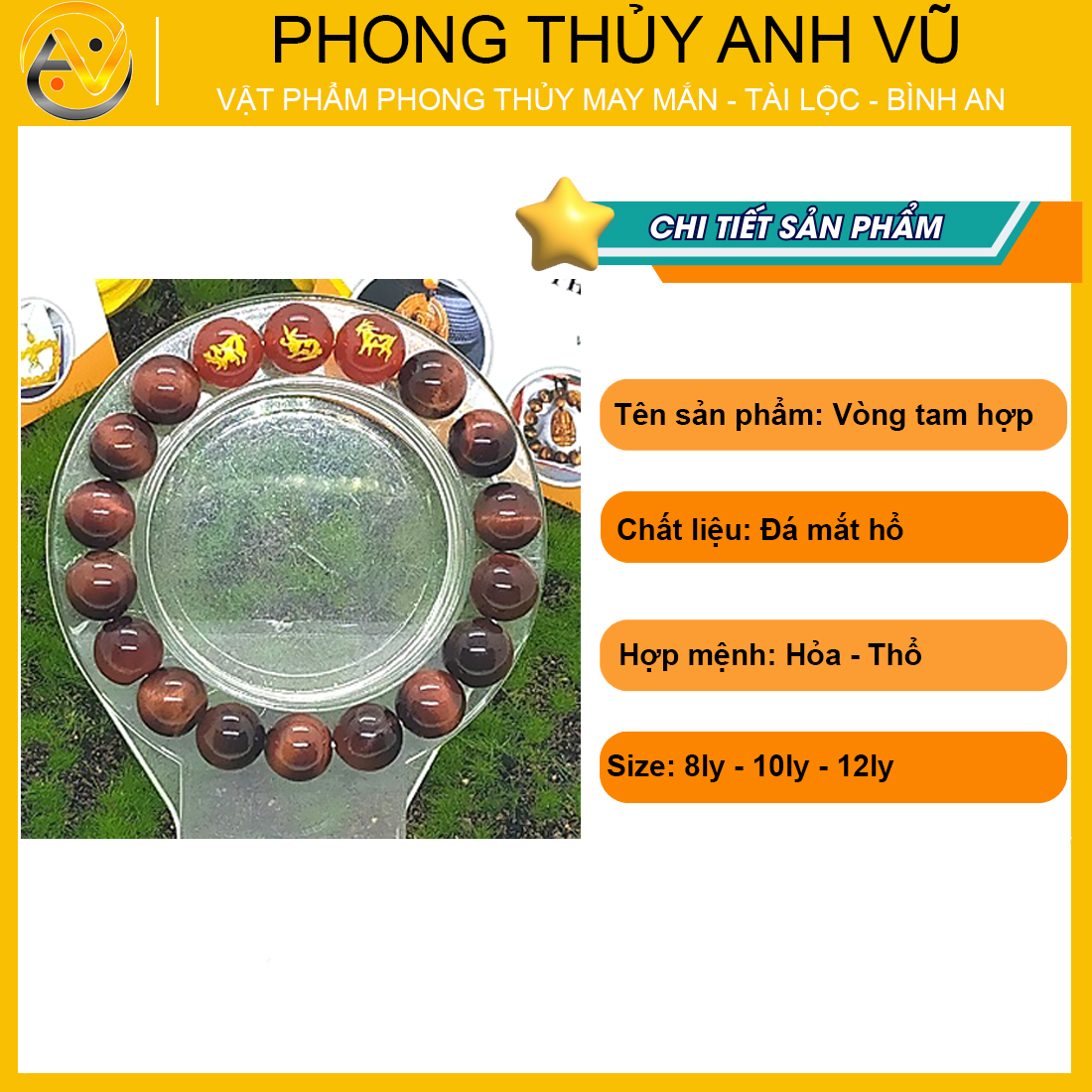 Vòng tam hợp hợi mão mùi đã khai quang - chất liệu mắt hổ đỏ nâu tự nhiên - size 8 10 12ly - may mắn tài lộc - Vòng Tam Hợp Anh Vũ