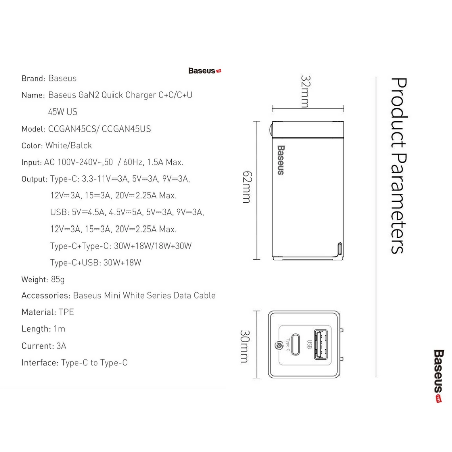 [Hàng Chính Hãng] Bộ sạc nhanh đa năng, nhỏ gọn Baseus GaN2 Quick Charger 45W (Type C/ USB Port , PD/QC3.0/ SCP/ FCP/ AFC/ BPS II Quick charger support, with C to C Cable) LV817-AC-US-