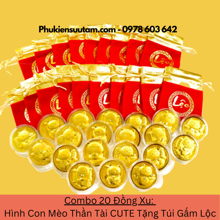 Combo 20 Đồng Xu Hình Con Mèo Thần Tài CUTE Tặng Túi Gấm Lộc, đường kính: 4cm, màu vàng - SP005931