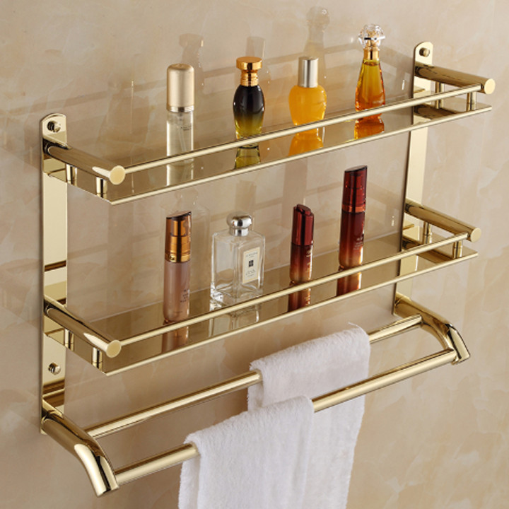 Kệ Giá Treo Khăn Nhà Tắm 3 tầng kèm khay inox mạ vàng PNK002