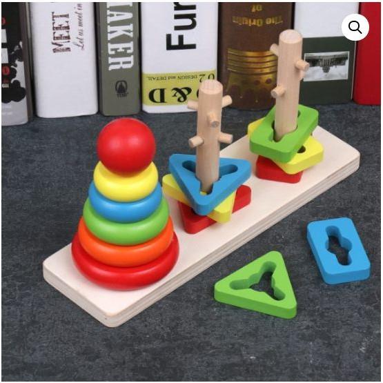 Rainbow Three Montessori- Thả hình khối cầu vồng ziczac 3 cọc