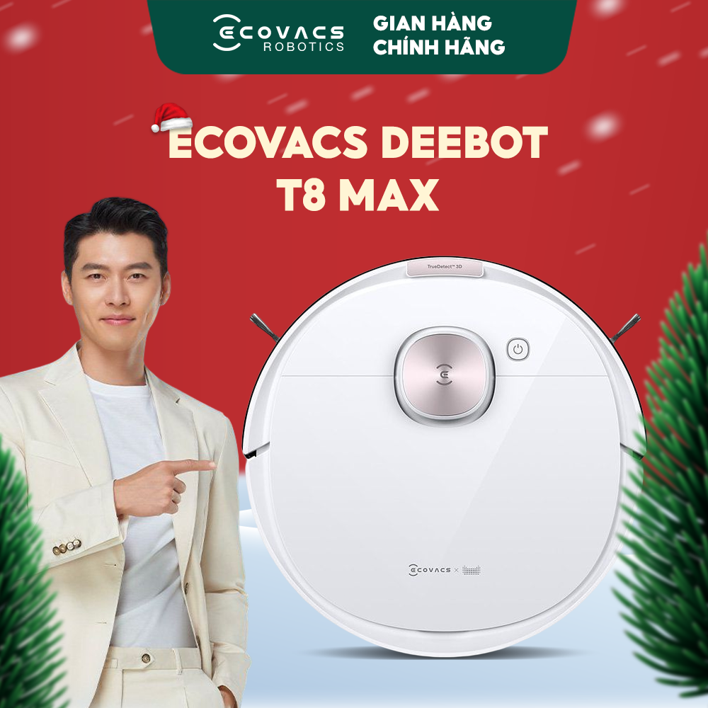 Robot hút bụi lau nhà Ecovacs Deebot T8 Max - hàng nhập khẩu chính hãng full VAT, bảo hành chính hãng 24 tháng bởi Vietnam Robotics, lực hút 1500Pa, thời gian hoạt động 3 giờ liên tục