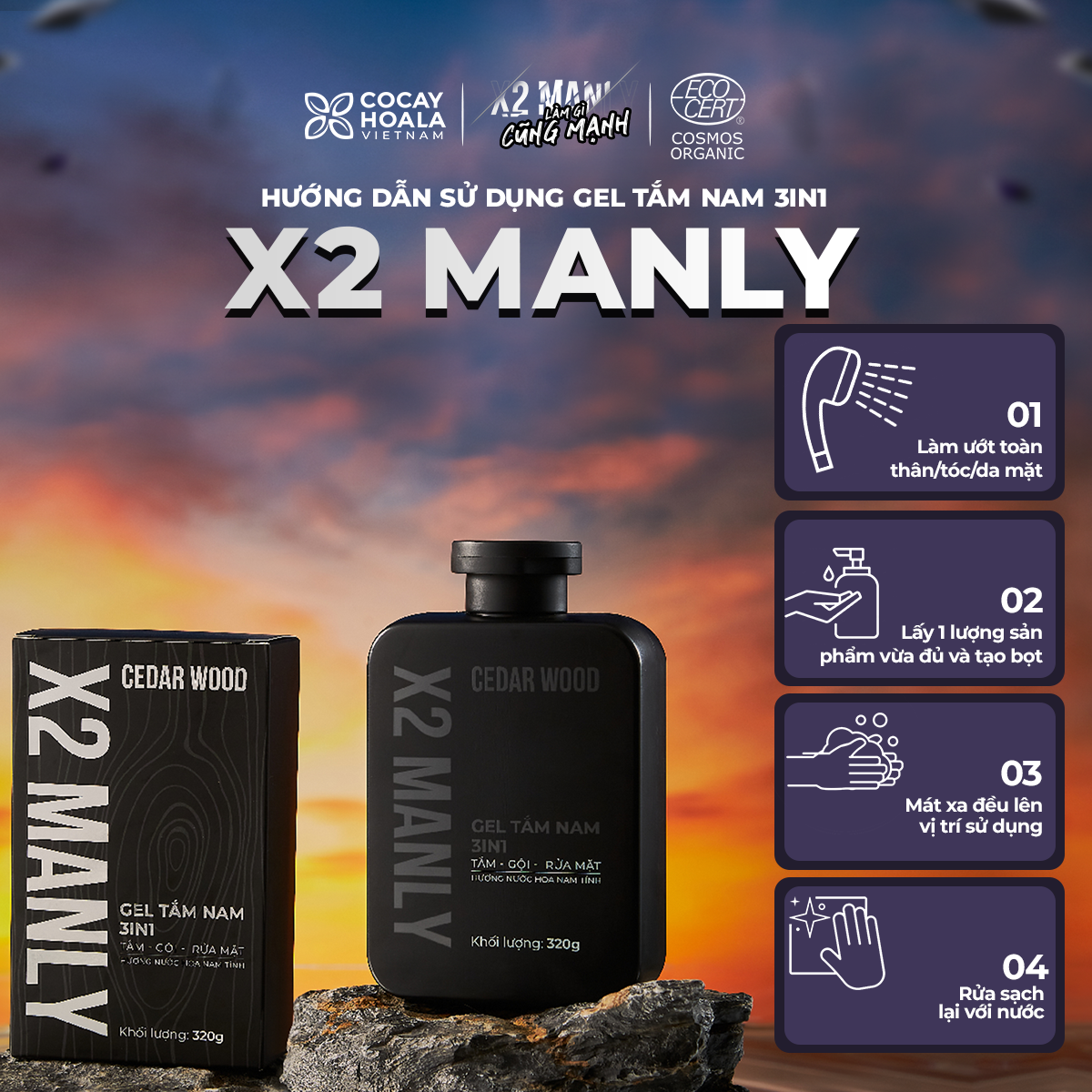 Gel Tắm Nam X2 Manly 3n1 Cocayhoala - Sữa tắm gội toàn thân hương nước hoa nam tính - 320g