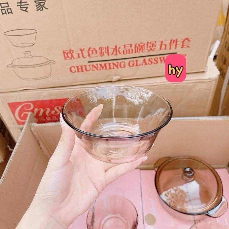 BỘ BÁT THỦY TINH 5 MÓN PHONG CÁCH BẮC ÂU CAO CẤP( 1 tô có nắp 1000ml+4 bát con 320 ml)