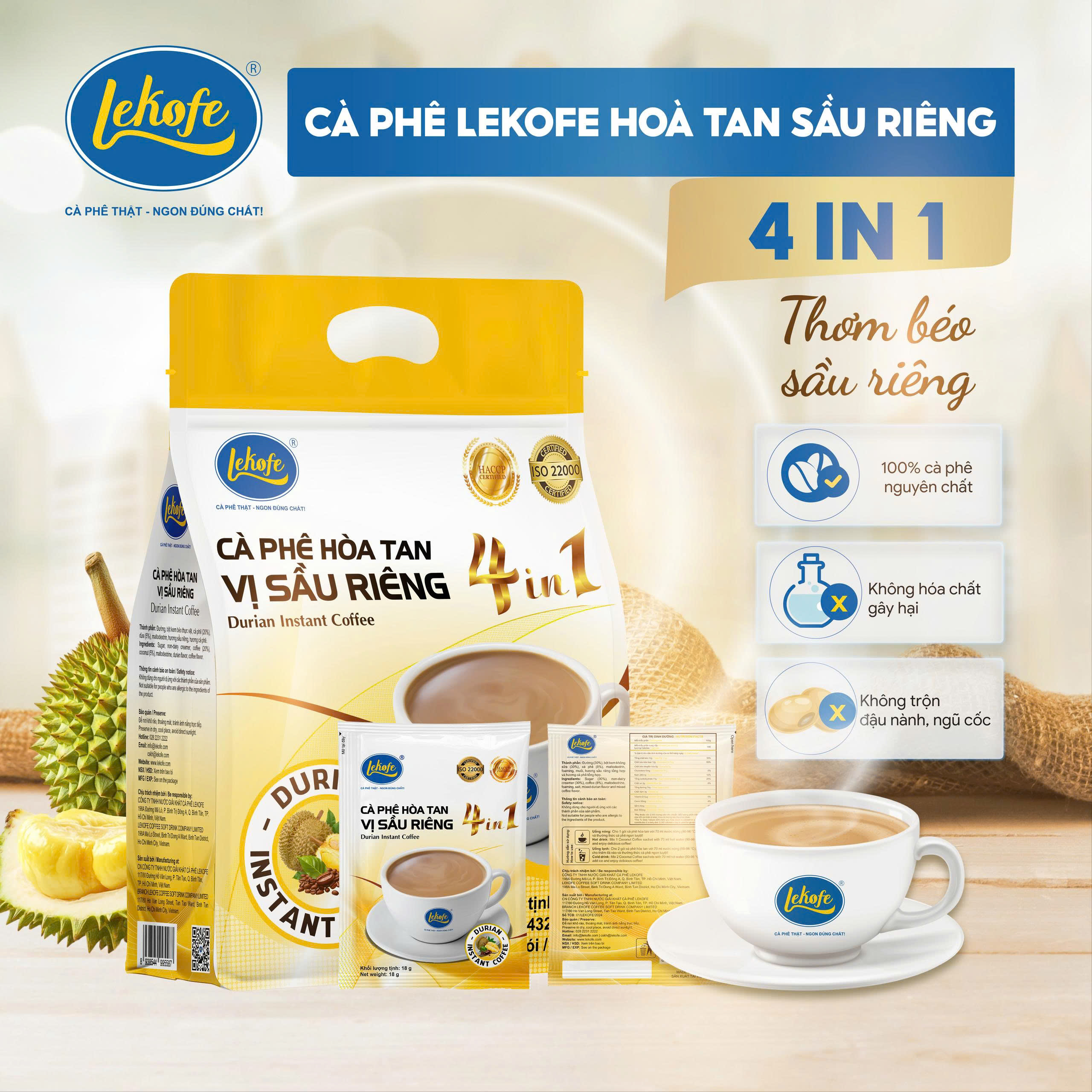 Cà phê hòa tan sầu riêng 4in1 Lekofe nguyên chất đậm vị cà phê béo ngậy sầu riêng túi 24 gói 432g