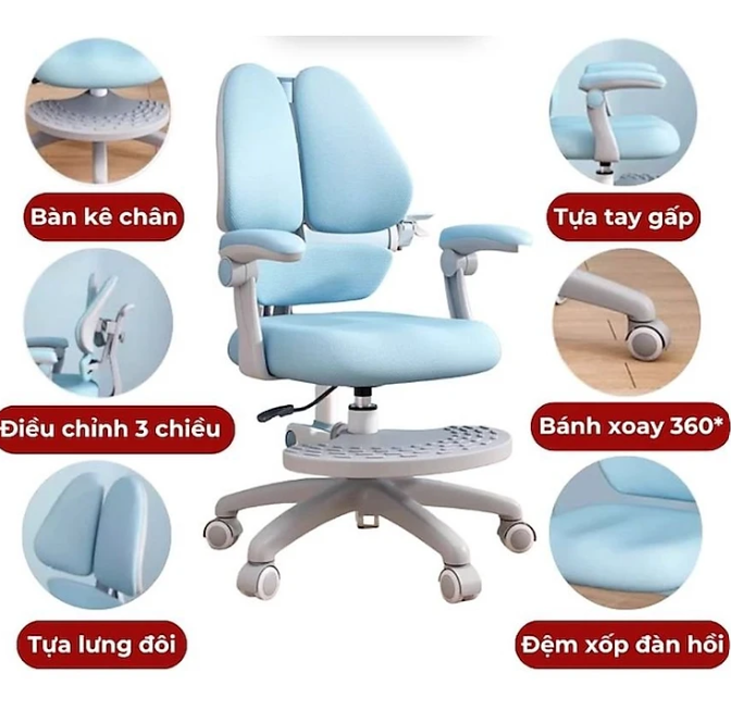 Ghế học sinh chống gù đa năng Tundo nâng hạ chiều cao tay gạt CT G108 có khóa bánh trọng lực, xoay 360 độ