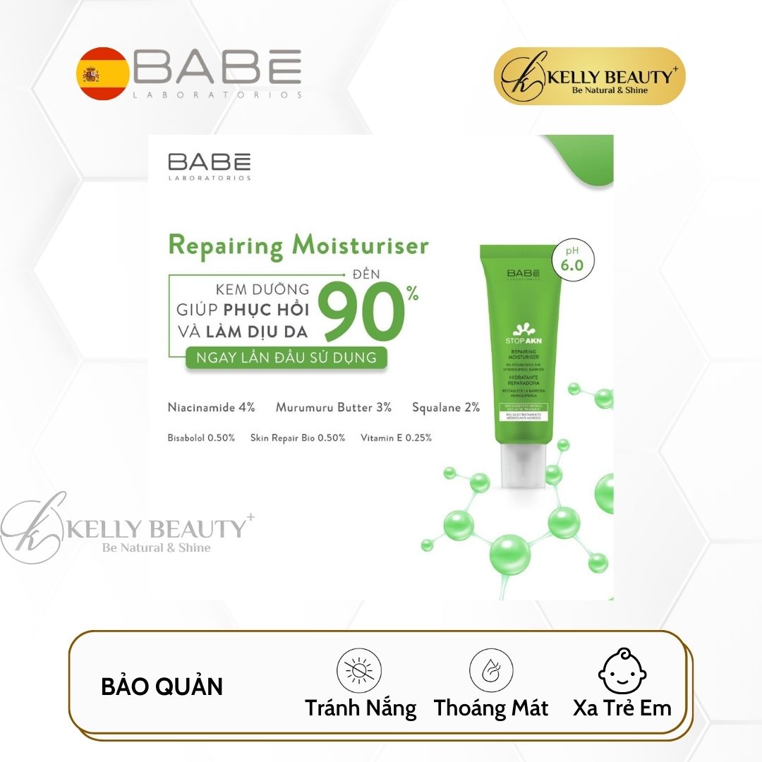 Kem Dưỡng Phục Hồi Da BABE STOP AKN Repairing Moisturiser - Chống Viêm, Ngừa Mụn, Nuôi Dưỡng Da | Kelly Beauty