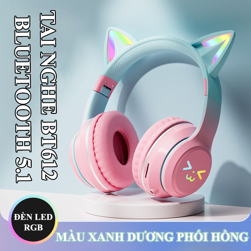 Tai nghe chụp tai BT612 kết nối bằng Bluetooth với thiết kế tai mèo dễ thương có thể gấp gọn tiện lợi kèm theo đèn led RGB - HN