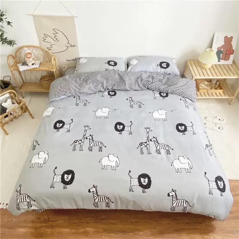 Bộ chăn ga Cotton Poly M2T bedding chăn ga Hàn Quốc họa tiết vườn bách thú đủ size miễn phí bo chun