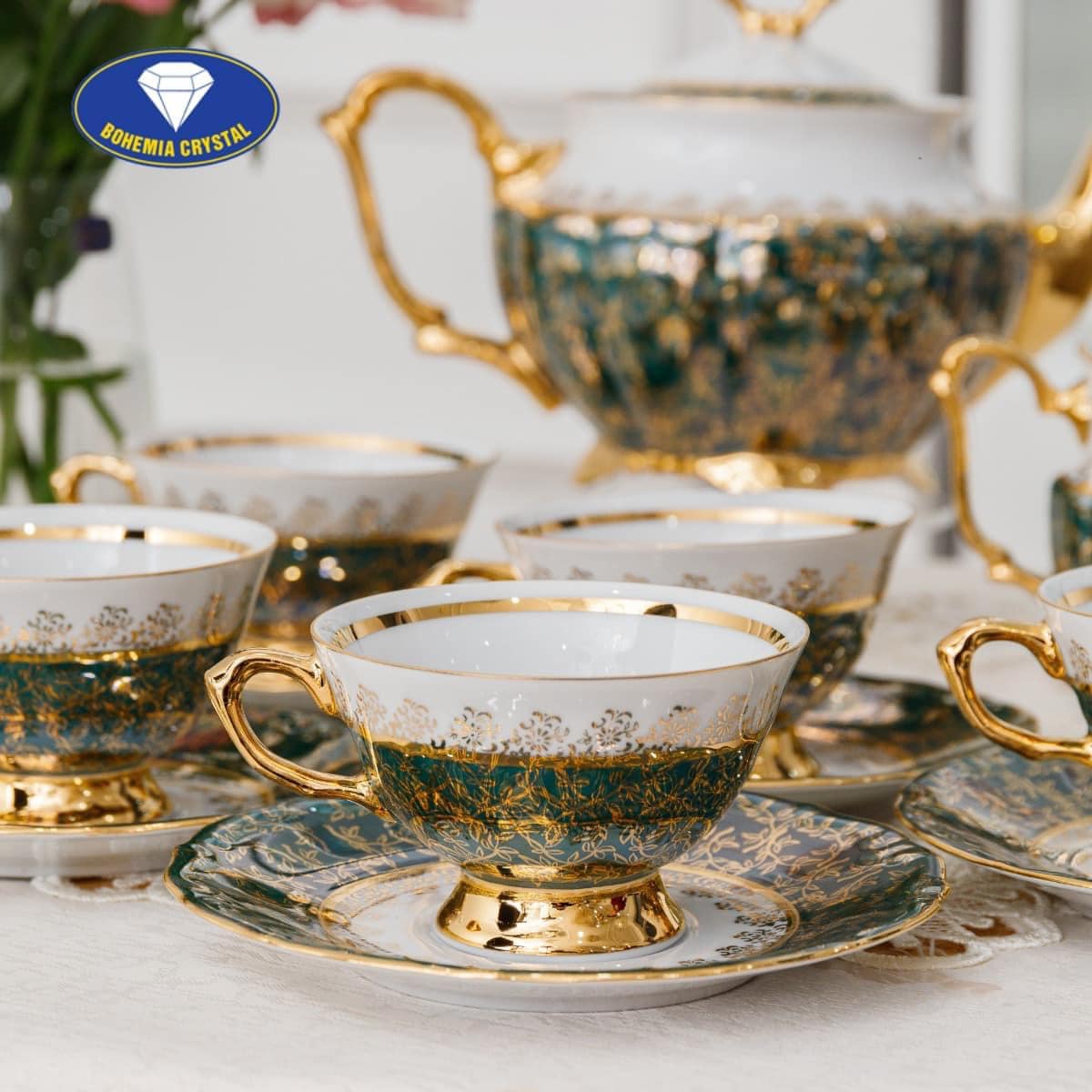 BỘ TRÀ SỨ MẠ VÀNG MEN NGỌC TRAI TIỆP KHẮC NỔI TIẾNG Bohemia