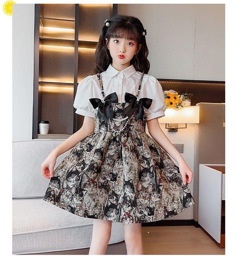 SHUANGYAN Cô gái lớn bé mùa hè phù hợp 2023 tây ăn mặc lưới đỏ trên đầu gối Vintage trẻ em váy ngọt ngào hai mảnh thiết lập