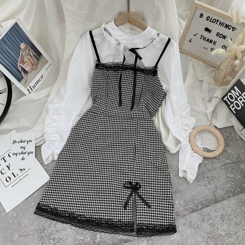 Set yếm caro đen viền ren + áo sơ mi trắng tay rút