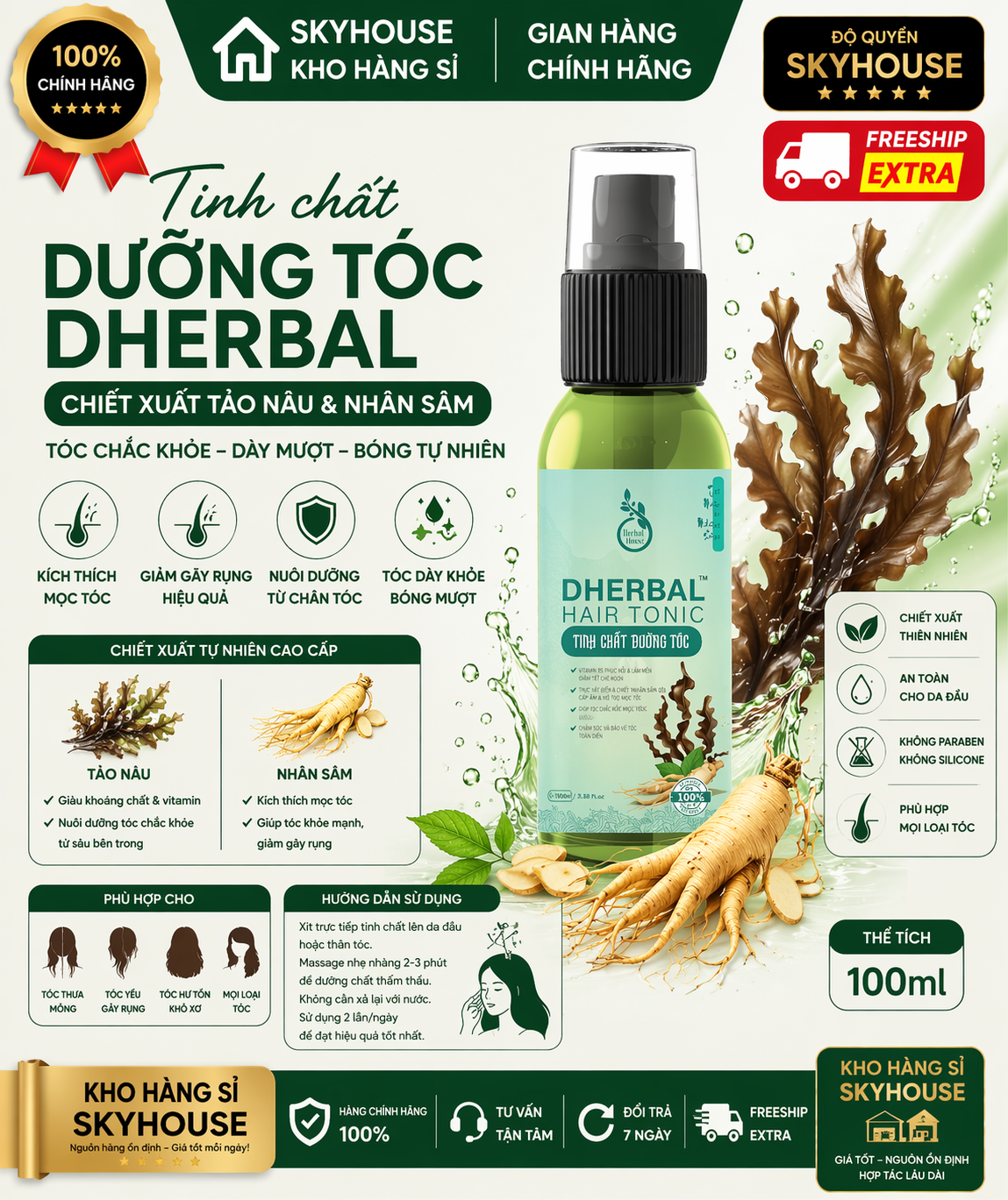 Tinh chất dưỡng tóc thảo dược thiên nhiên chiết xuất tảo nâu nhân sâm độc quyền DHERBAL chai 100ml tinh chất mọc tóc chính hãng
