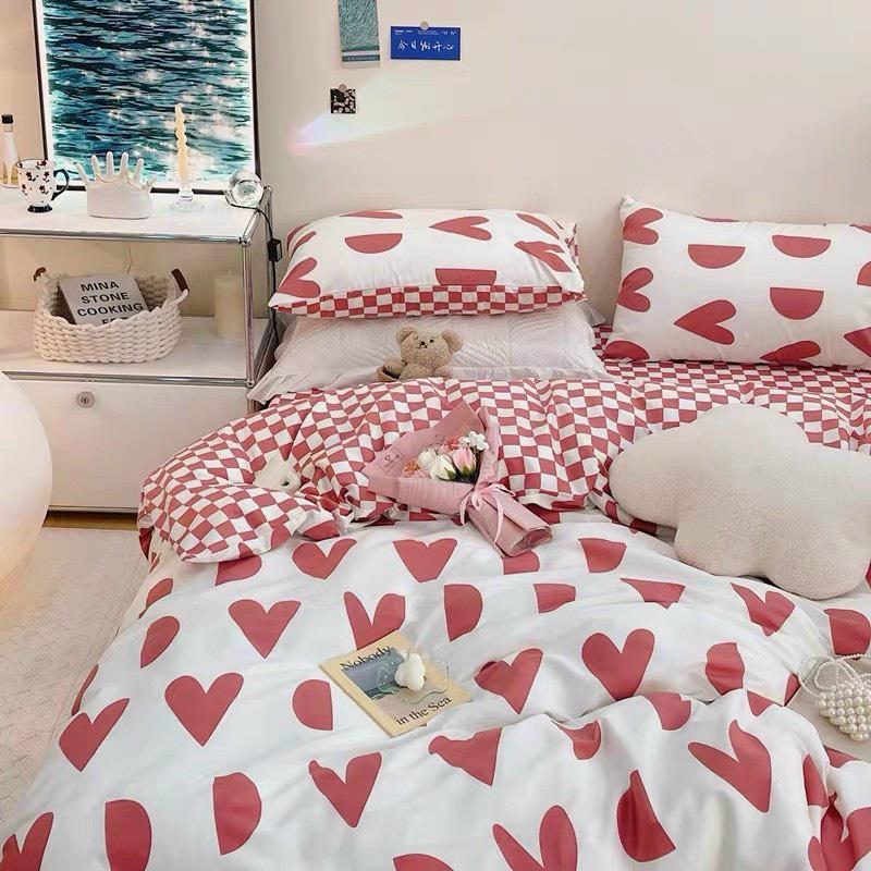 Bộ chăn ga gối Cotton poly M2T bedding gồm vỏ chăn mền, drap ga giường và 2 vỏ gối nằm - PL Tim khuyết đỏ
