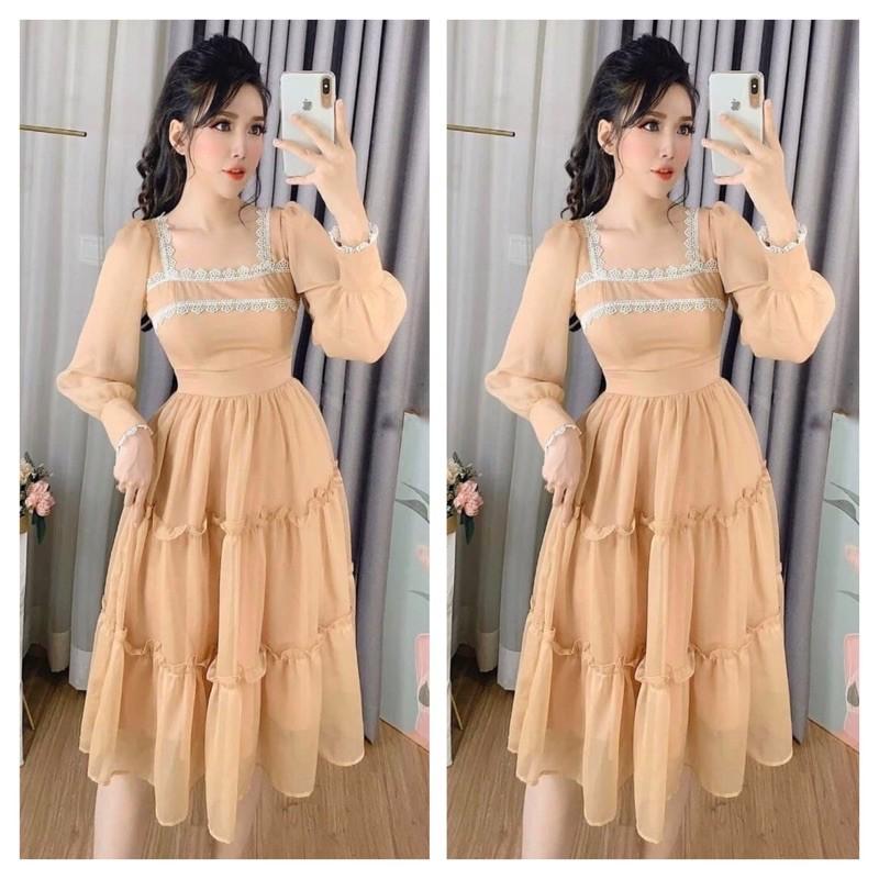 Đầm tiểu thư thiết kế viền ren tay dài