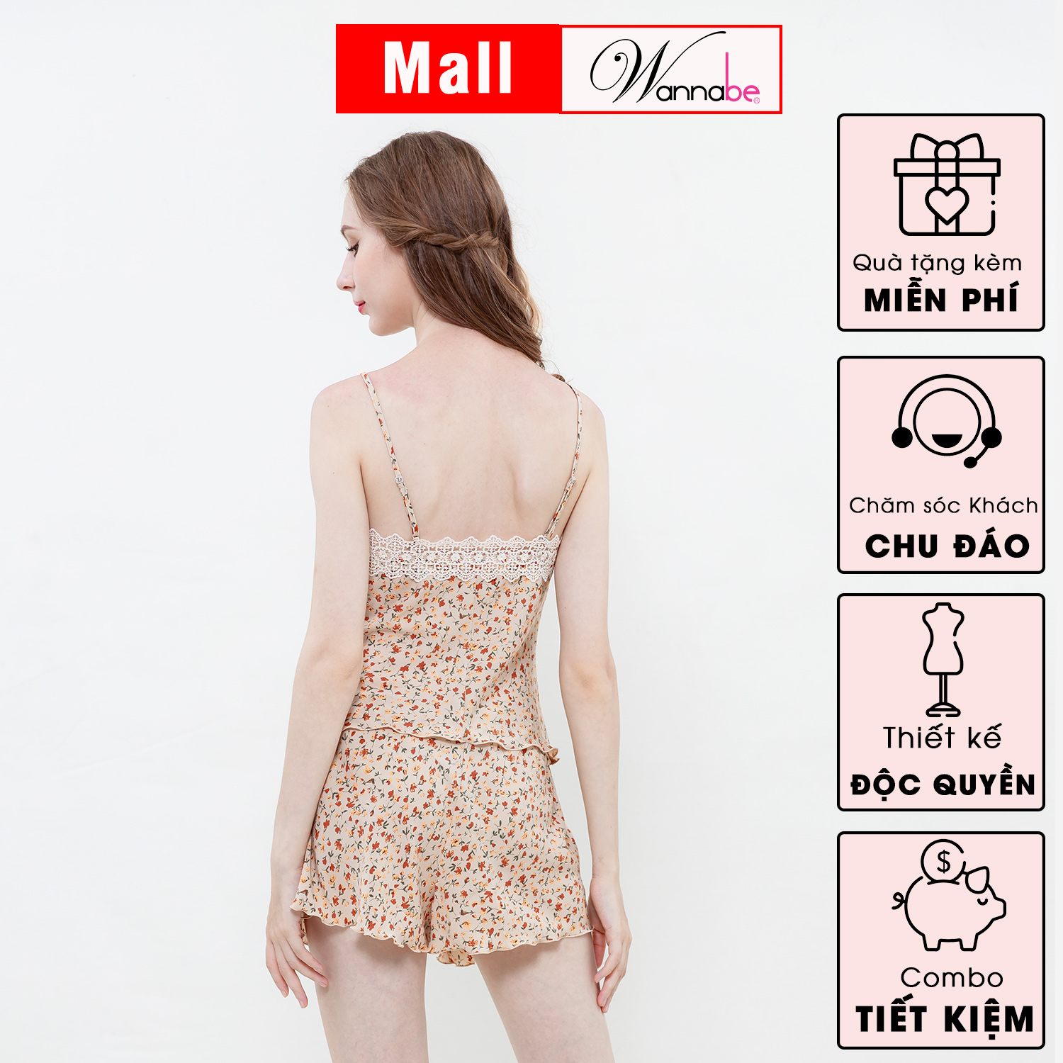 Đồ bộ mặc nhà WANNABE BSS95 đồ bộ quần sọt mặc với áo 2 dây lụa mango mềm mịn dạng ống ngang viền ren đơn giản dễ thương