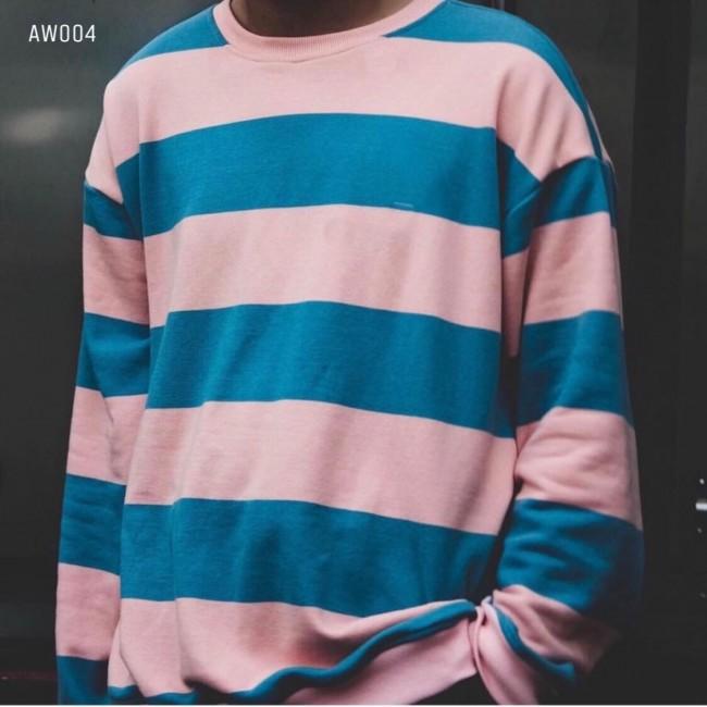 Áo Nỉ Sweater Nam Nữ Unisex Kẻ Hồng Xanh Dài Tay