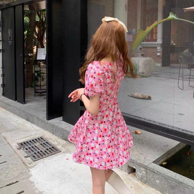 ĐẦM HOA HỒNG XOÈ ĐÍNH NƠ ĐEN 1 MÀU