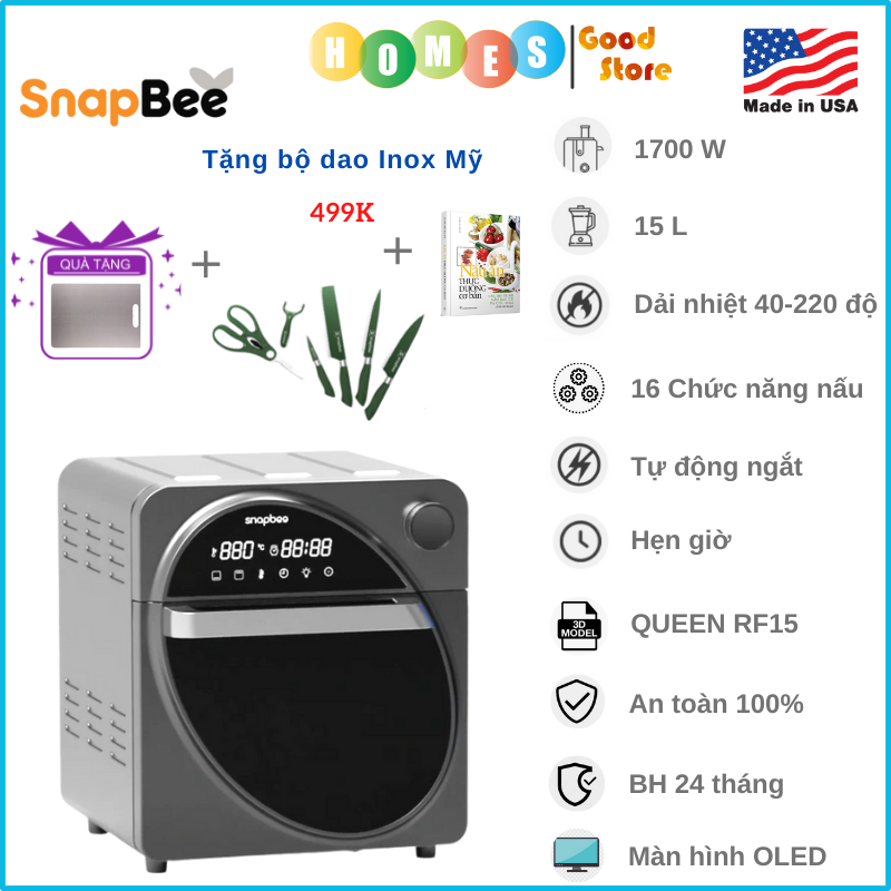 Nồi Chiên Không Dầu SNAPBEE QUEEN RF15 Thương Hiệu Mỹ, 16 Chức Năng Tích Hợp, Màn Hình OLED Cực Đẹp, Dung Tích 15L, Công Suất thực 1700W - Hàng Chính Hãng