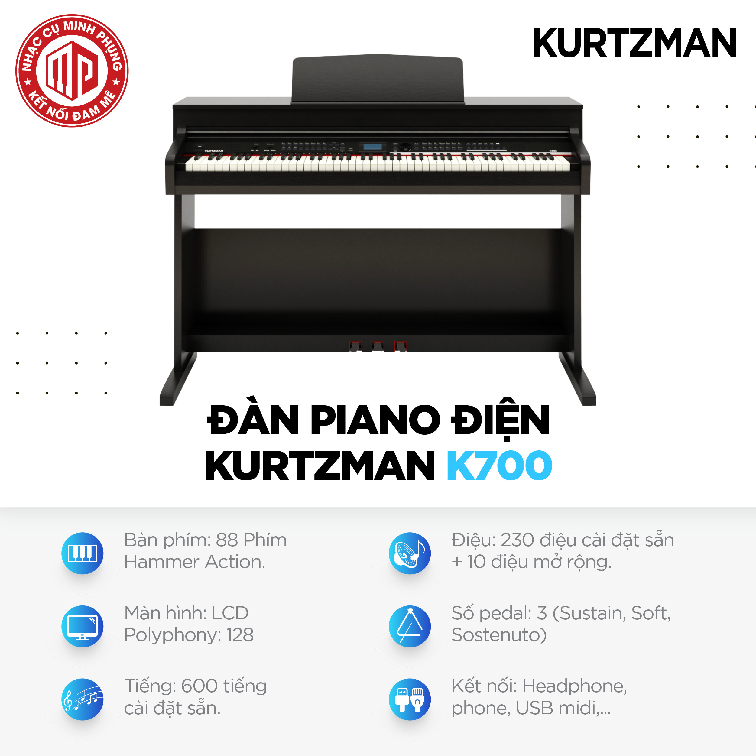 Đàn Piano điện cao cấp/ Home Digital Piano - Kzm Kurtzman K700 - Màu nâu đen - Hàng chính hãng