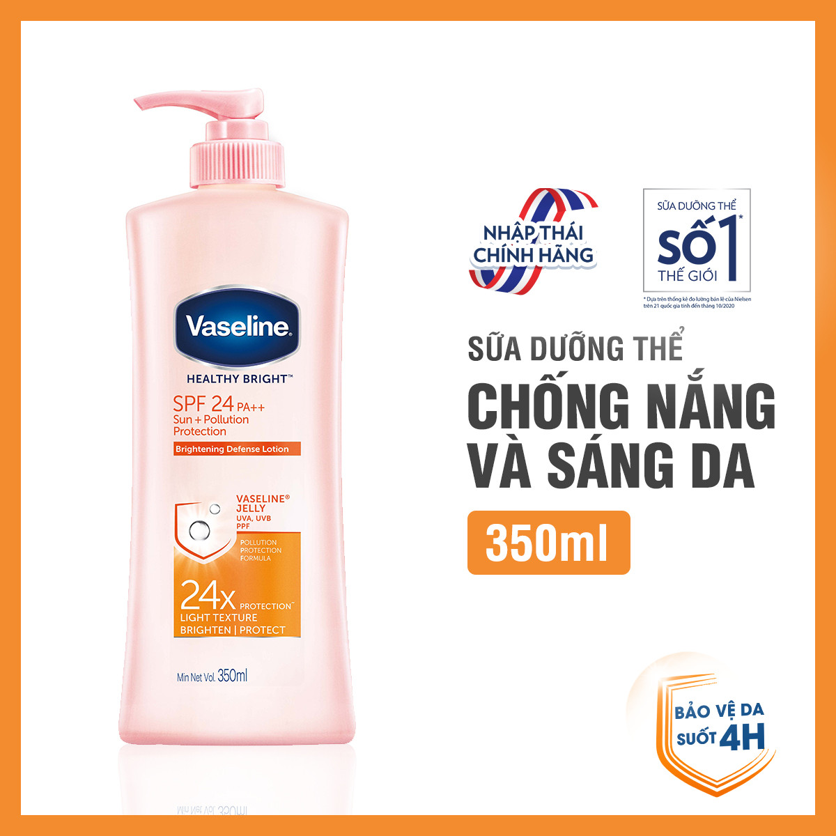 Sữa Dưỡng Thể 350Ml Vaseline Dưỡng Ẩm Sáng Da Chống Nắng Spf24Pa++ Sun + Pollution Protection Bảo Vệ Da Tới 4H Với Spf 24 Pa++