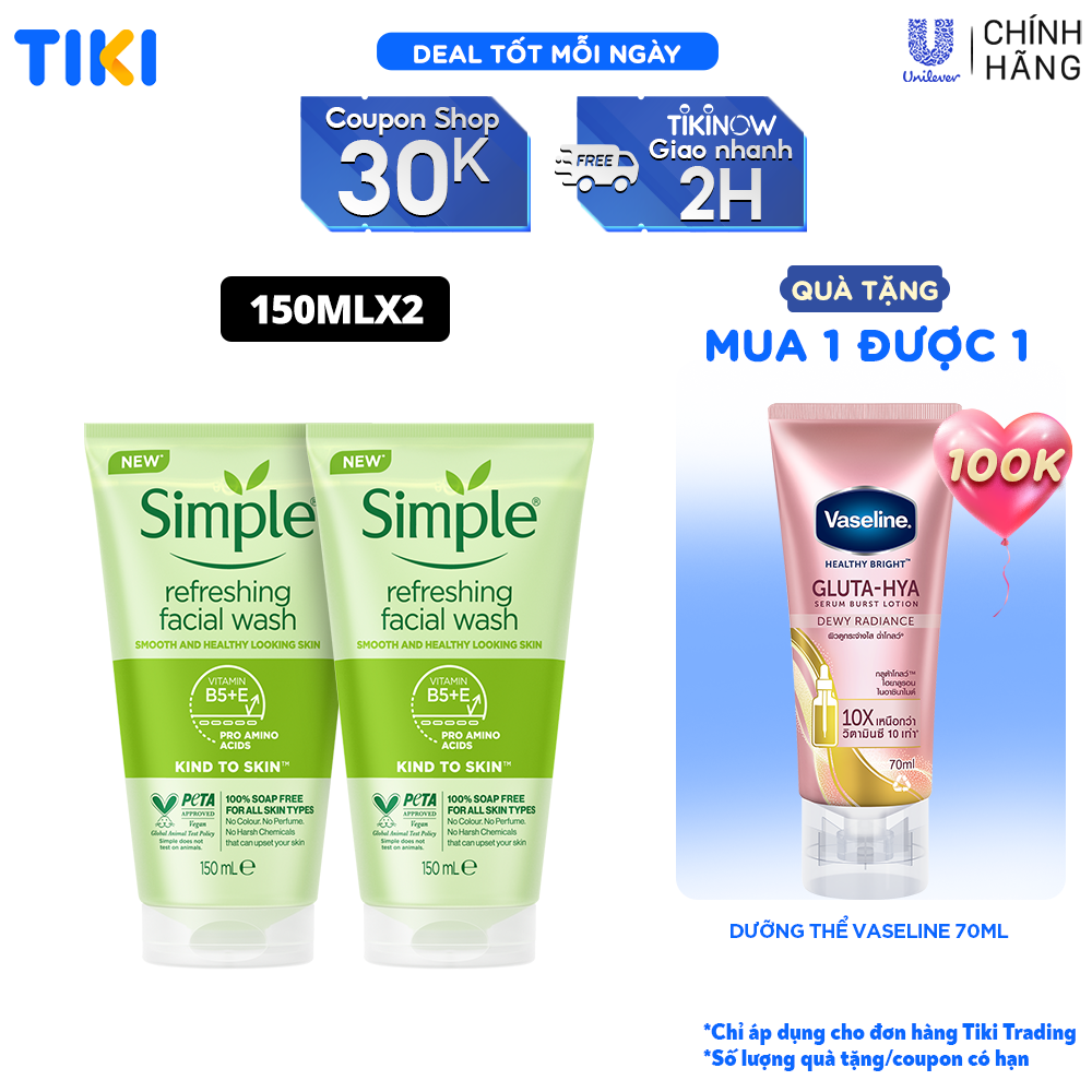 Combo 2 Sữa rửa mặt Simple giúp da sạch thoáng 150mlx2