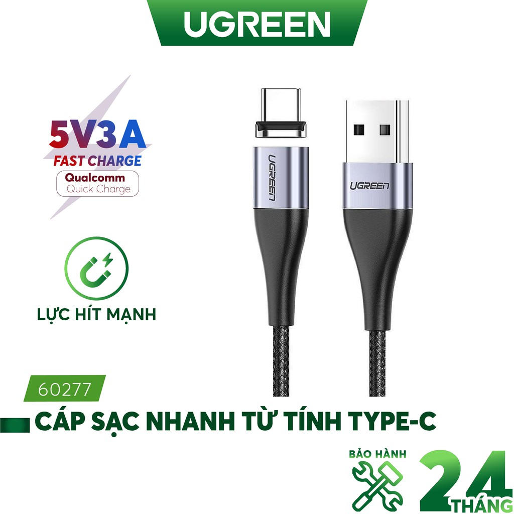 Cáp sạc nhanh nam châm UGREEN 60277 Đầu Type-C Sạc nhanh QC 2.0 3.0 dòng 3A - Hàng nhập khẩu chính hãng