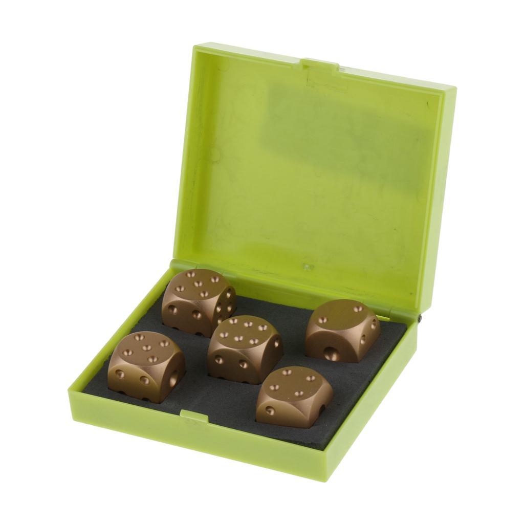5pcs/set Gold Cube Dice Gift Role Play Games, fully aluminum alloy 6 sided spot dices with a storage box