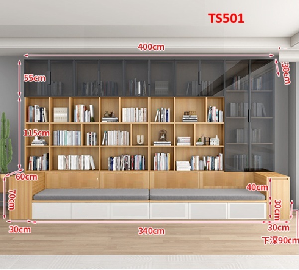 TỦ KỆ SÁCH CÁNH KÍNH KÈM GHẾ NGỒI TS501A - NỘI THẤT LẮP RÁP VIENDONGADV