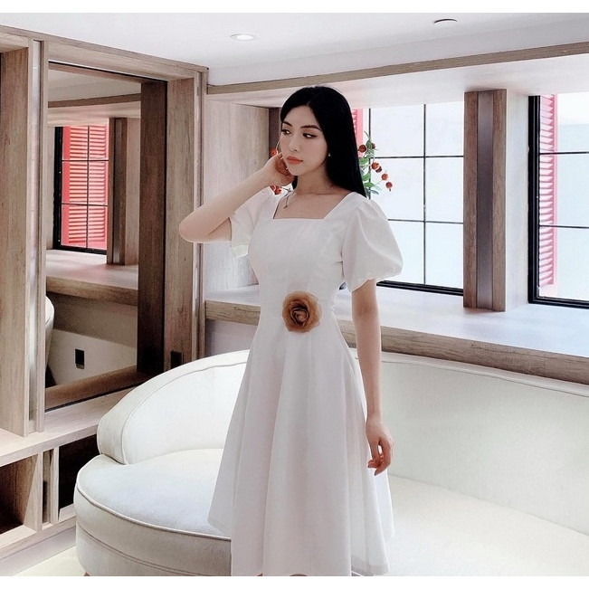 AV6446 - Đầm xòe cổ vuông tay dún nơ sau cực xinh
