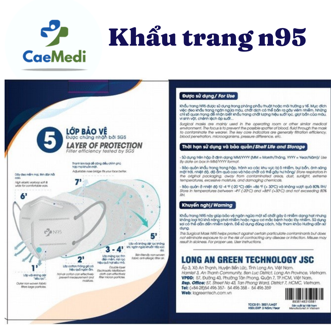 COMBO 2 HỘP Khẩu trang y tế CAEMEDI N95 cao cấp, kháng khuẩn, lọc bụi bẩn đạt chuẩn BFE, FDA, CE xuất khẩu Hoa Kỳ - Hộp 20 cái