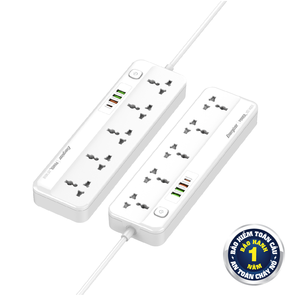 Ổ điện đa năng Energizer 5AC kèm 3USB-A và 1USB-C sạc nhanh PD (max 20W) - White - Chịu tải tối đa 2500W - Hàng chính hãng