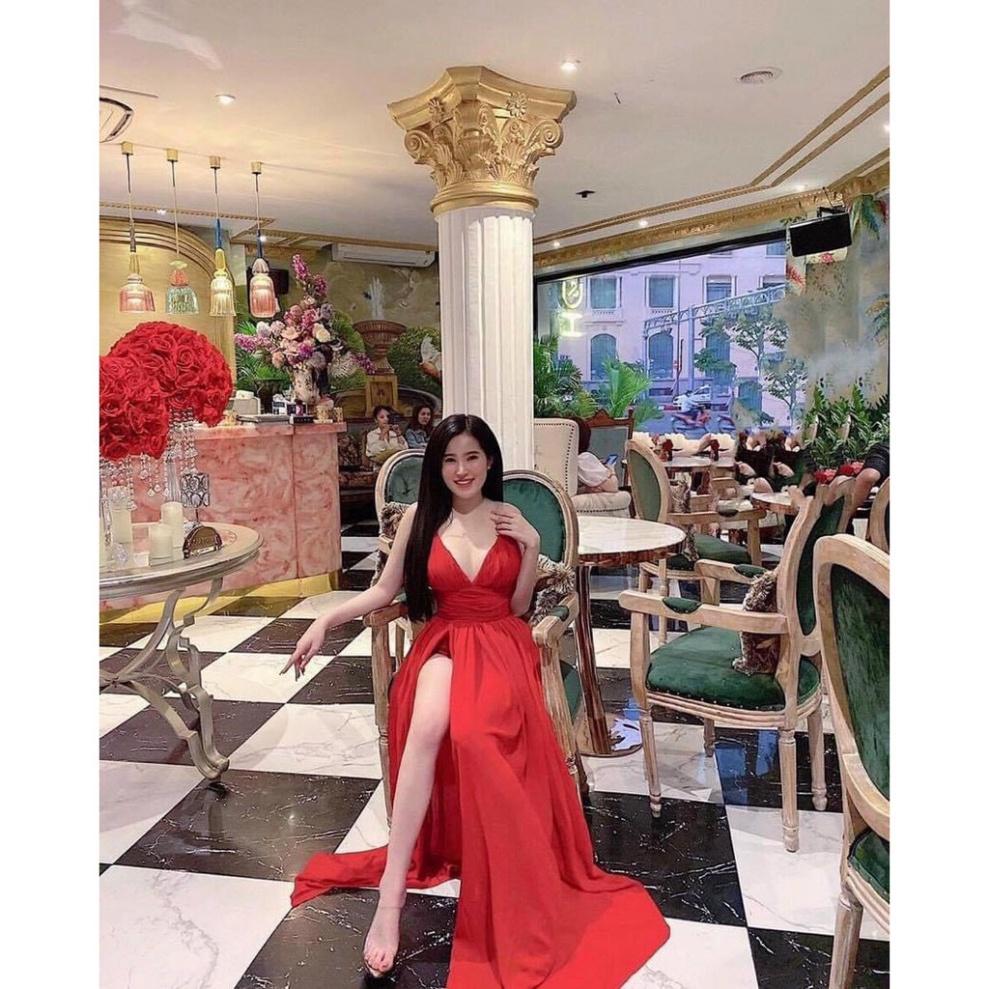 Đầm váy maxi 2s voan lót lụa xẻ tà 2 dây cổ V vàng đỏ hở lưng đi biển dự tiệc dạo phố bigsize gợi cảm sexy