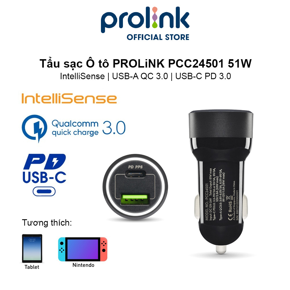 Tẩu sạc Ô tô PROLiNK PCC24501 51W 2 cổng USB-A QC 3.0 &amp; USB-C PD 3.0 IntelliSense, sạc nhanh cho thiết bị di động - Hàng chính hãng