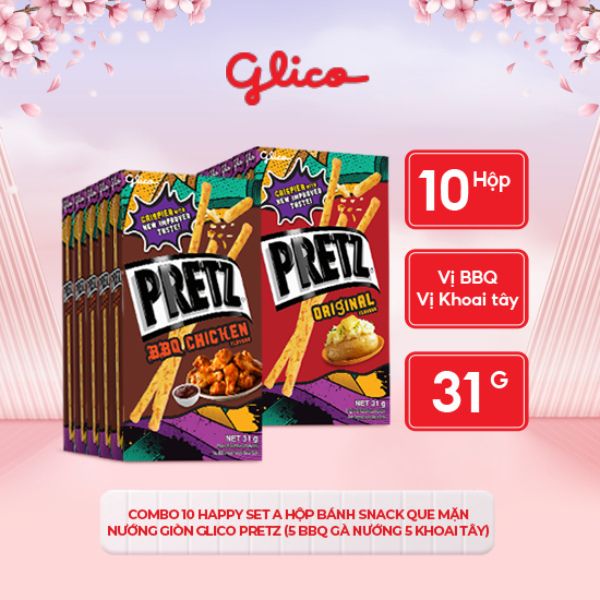 Bánh snack que mặn nướng giòn Glico Pretz Happy Set A combo 10 hộp (5 BBQ gà nướng - 5 nguyên bản )