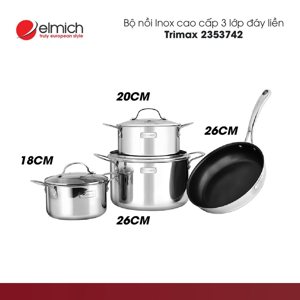 Bộ Nồi Inox cao cấp 3 lớp đáy liền Elmich TriMax 4 chiếc Size 18-20-26 - Chảo 26cm - Hàng Chính Hãng