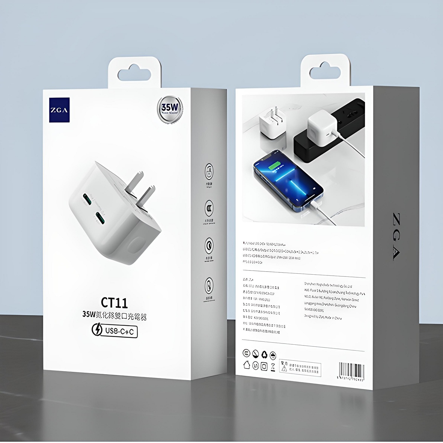 Adapter cóc củ sạc type C sạc nhanh 35W đa năng 2 cổng PD USB-C hiệu ZGA CT11 chuẩn sạc nhanh PD 3.0,  chip sạc thông minh, chân cắm US-UK có thể thu gọn
