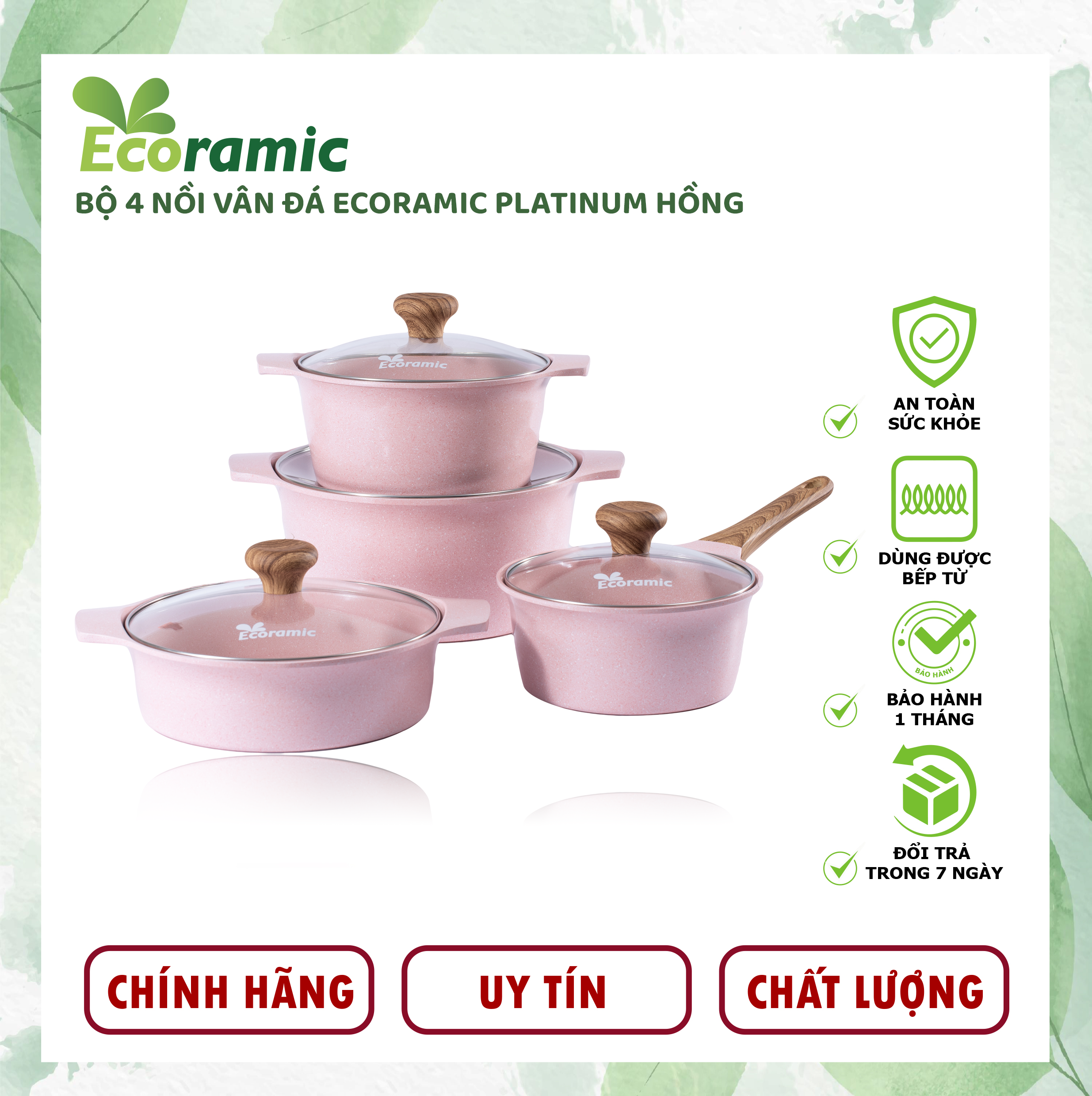 Bộ 4 Nồi Ecoramic Platinum Đáy Từ Chính Hãng Cao Cấp, Chống Dính, Siêu Bền, Bảo Hành 2 Tháng