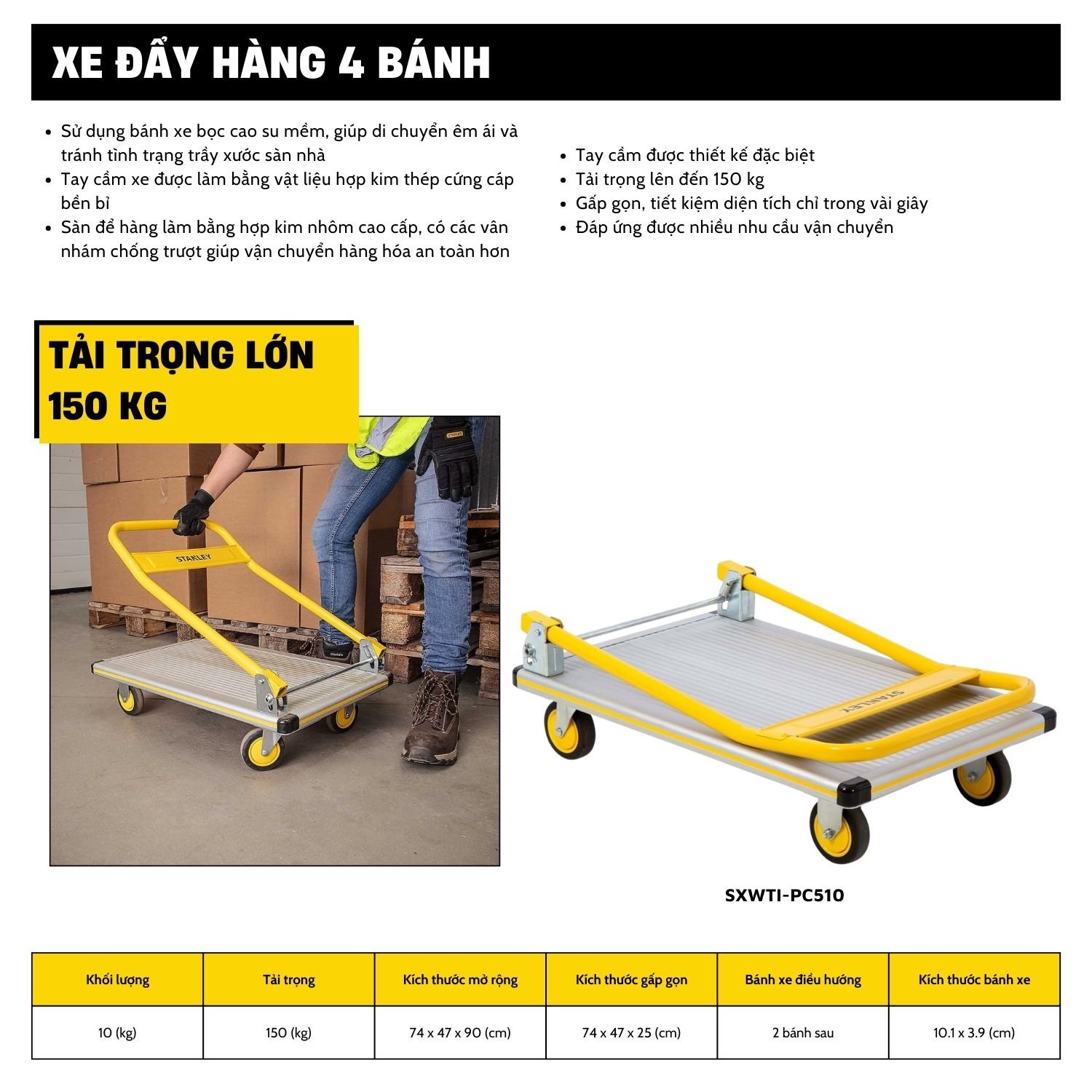 Xe Đẩy Tay 4 Bánh Cao Cấp Có Thể Gấp Gọn Stanley PC510