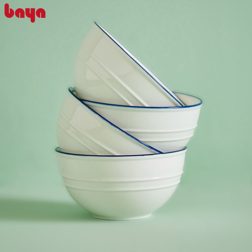 Bộ 4 Tô Mỳ BAYA REGATTA Chất Sứ Trắng Tráng Men Viền Màu Xanh Giúp Làm Đẹp Bàn Ăn Gia Đình 6000353